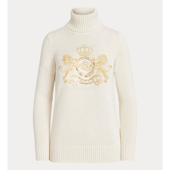 Lauren Ralph Lauren Intarsia-Knit Turtleneck Lion Crest Ivory Cotton Sweater - Picture 1 of 6
